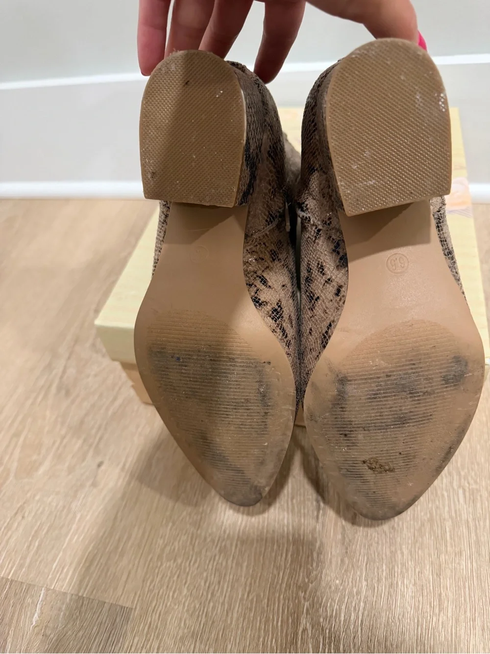 Very G Tan and Black Snake-Print Ankle Booties